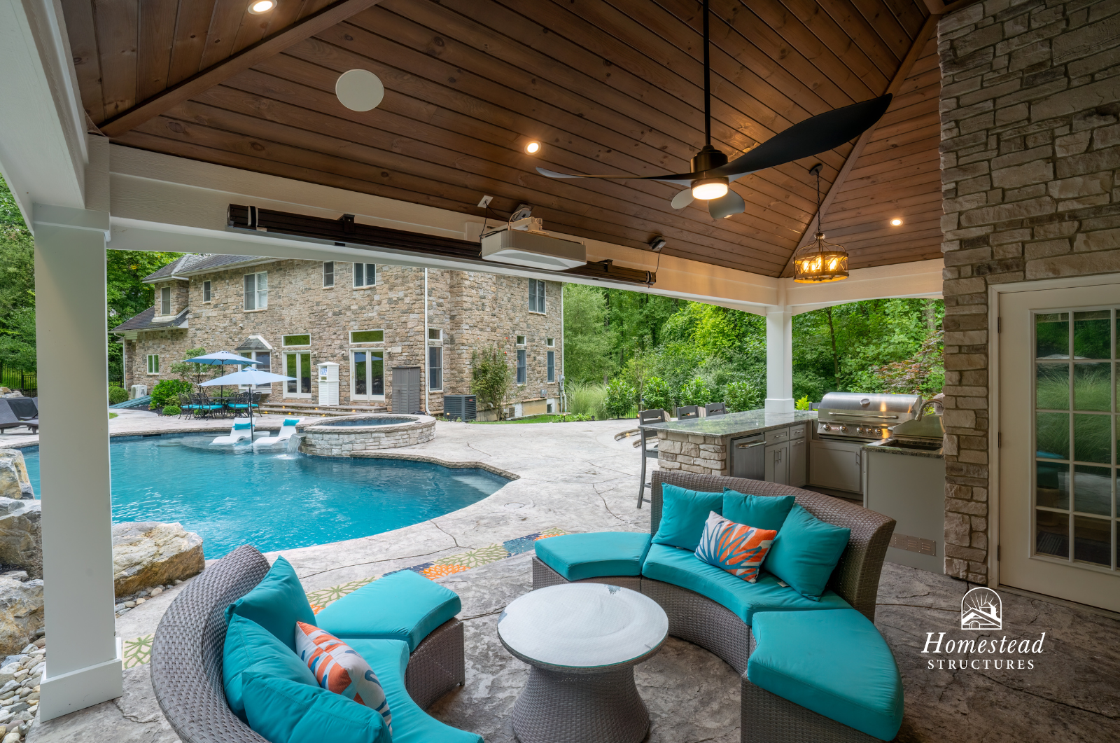 Covered outdoor patio with turquoise cushioned seating, small round table, built-in outdoor kitchen with grill, stone accents, and a view of a backyard pool and landscaped yard with trees and a stone house in the background.