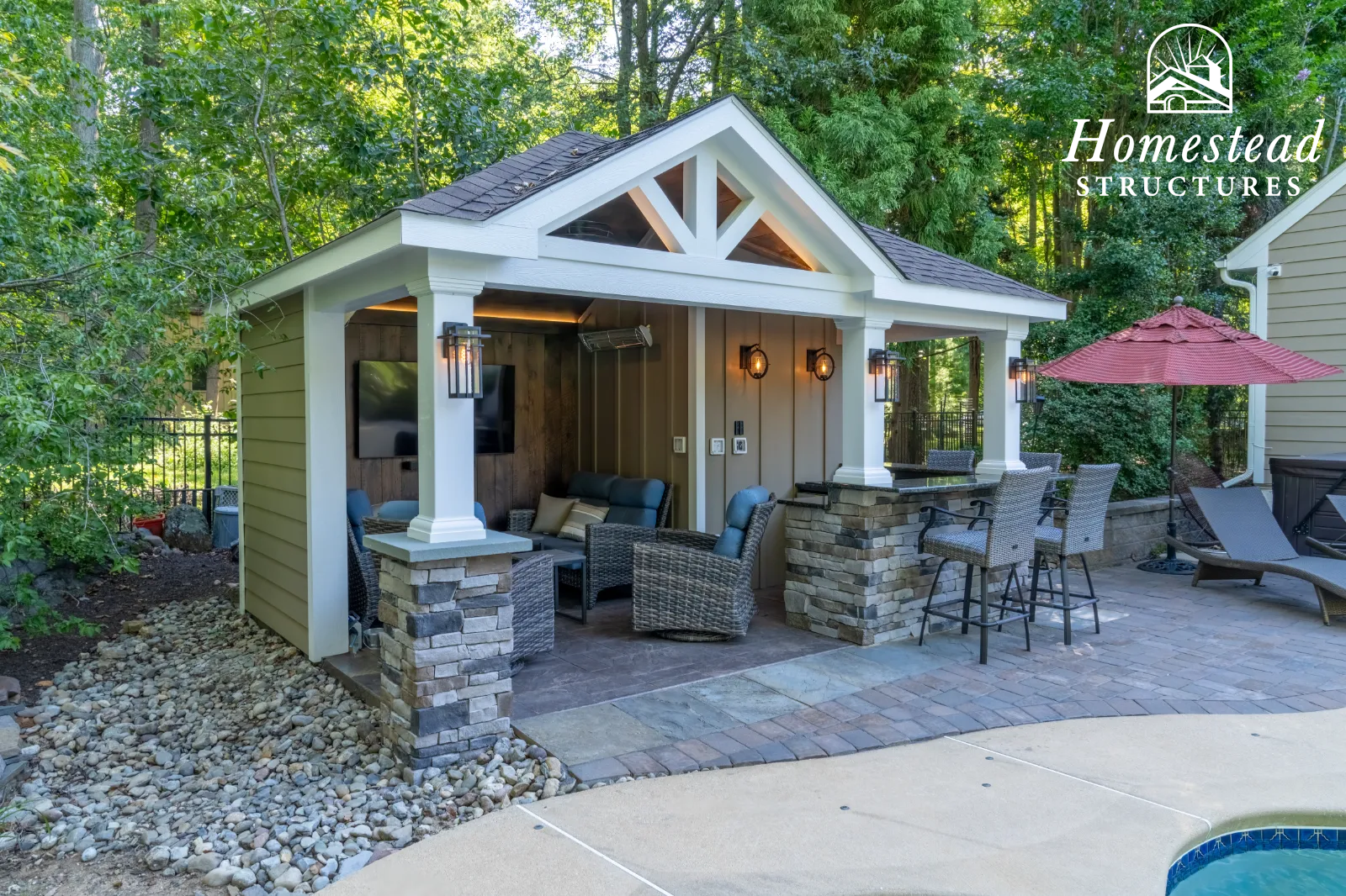 Outdoor living space with a small pavilion featuring a TV, wicker furniture with cushions, a bar area with high chairs, an umbrella, and lounge chairs near a swimming pool, surrounded by trees and a brick patio.