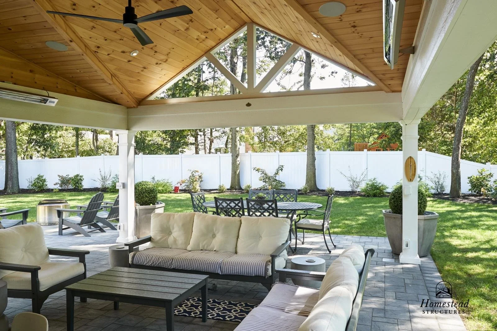 Covered outdoor patio with beige cushioned seating, a black metal table and chairs, potted plants, and a view of a backyard with green grass, trees, and a white privacy fence.