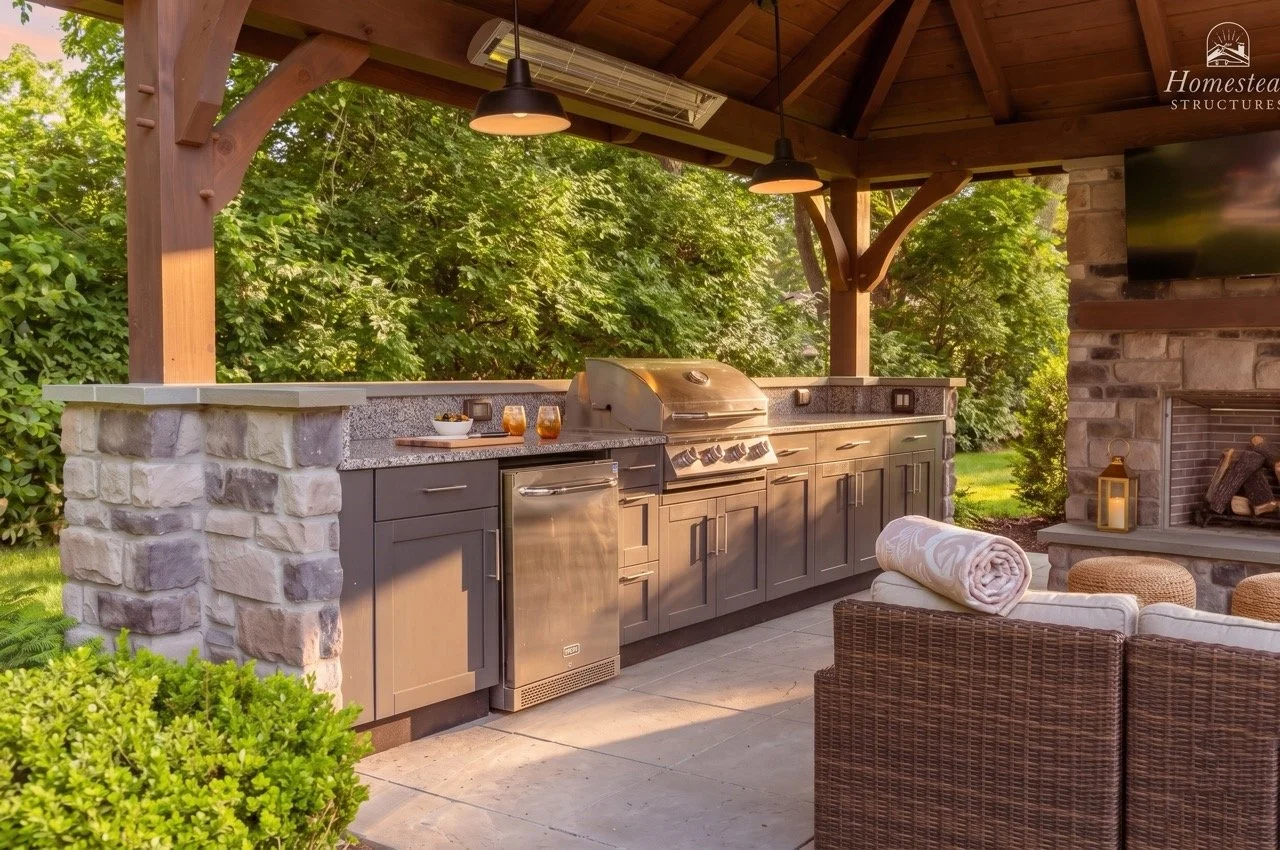 outdoor kitchen in timber frame pavilion