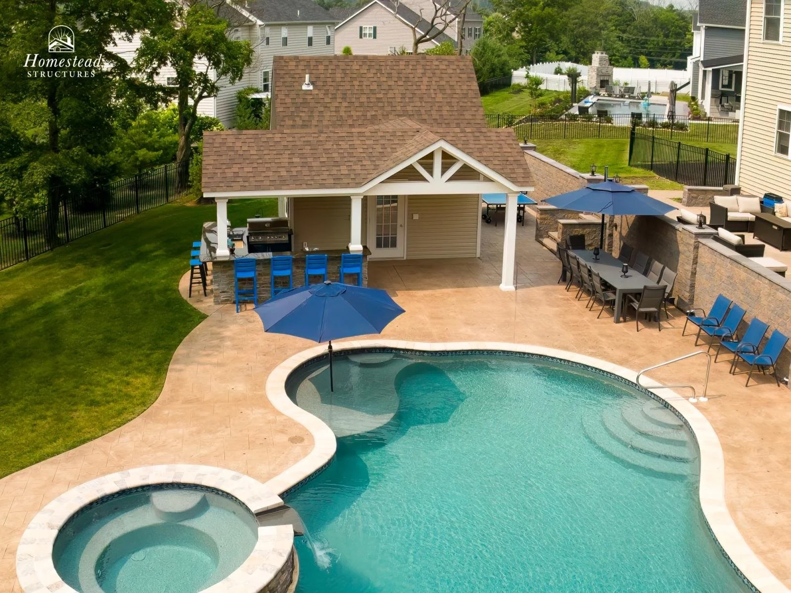A backyard pool area with a hot tub, blue umbrellas, patio furniture, and a covered outdoor kitchen with a grill and blue chairs. Fenced yard with green grass and neighboring houses.