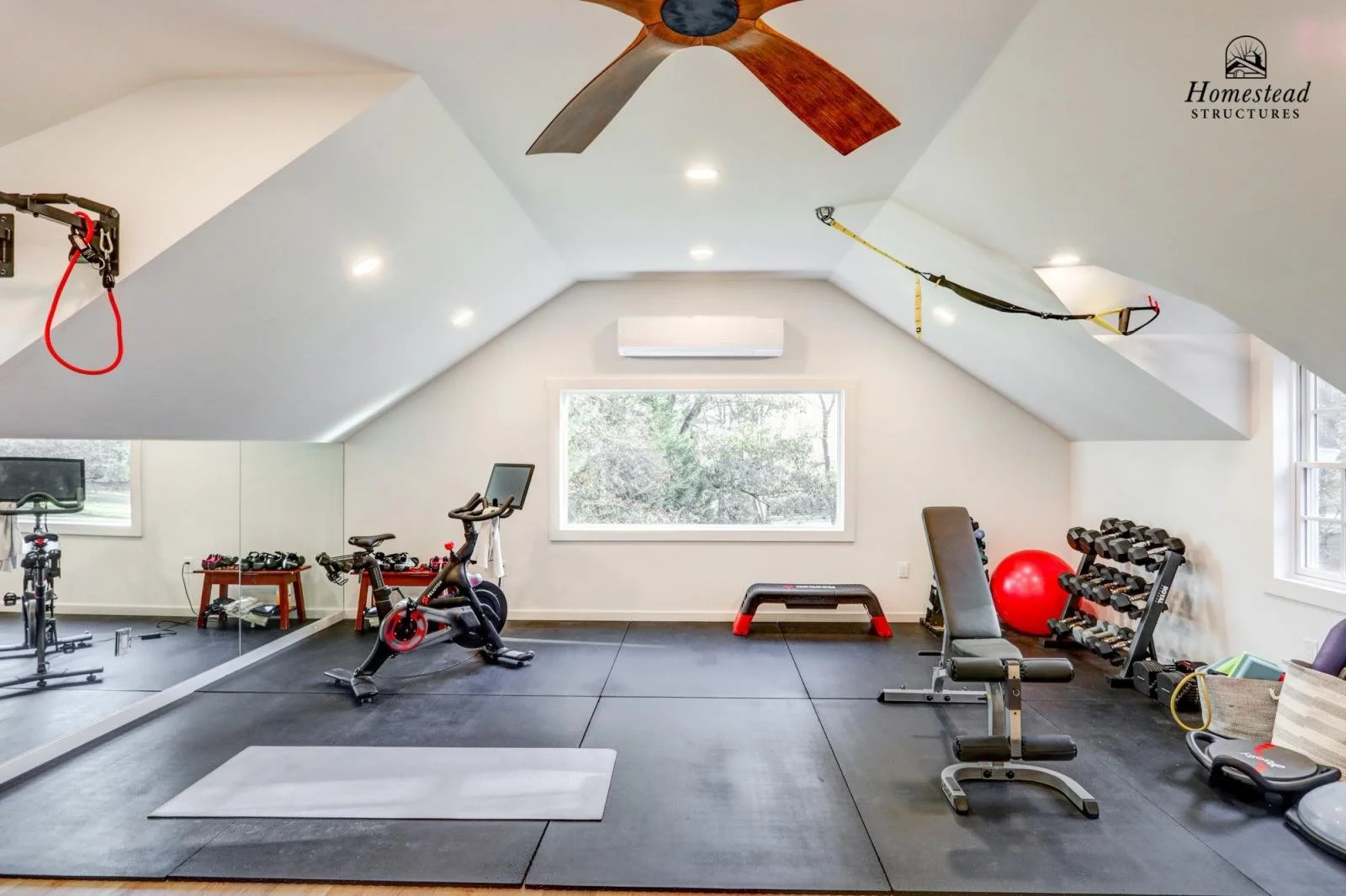 Home gym with exercise equipment, a matrix, stability ball, dumbbells, and resistance straps, under sloped ceiling with skylights and a window