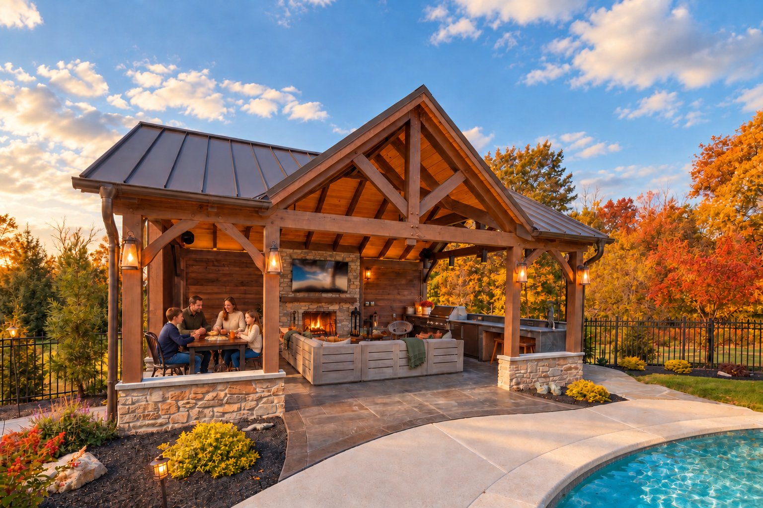 20x25 timber frame pavilion featuring a reverse gable, outdoor fireplace with TV, fully equipped kitchen, and poolside patio surrounded by fall trees.