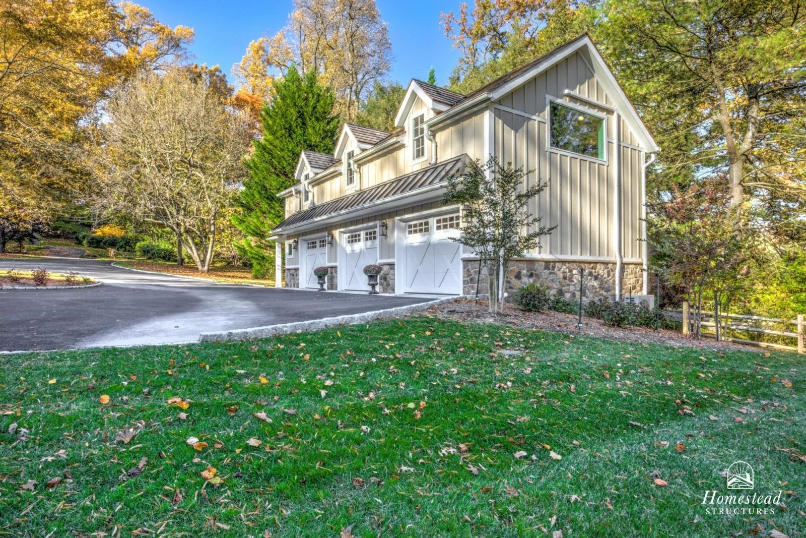 A two-story modern house with a white garage door, stone accents, and beige siding, surrounded by trees with fall foliage on a sunny day.