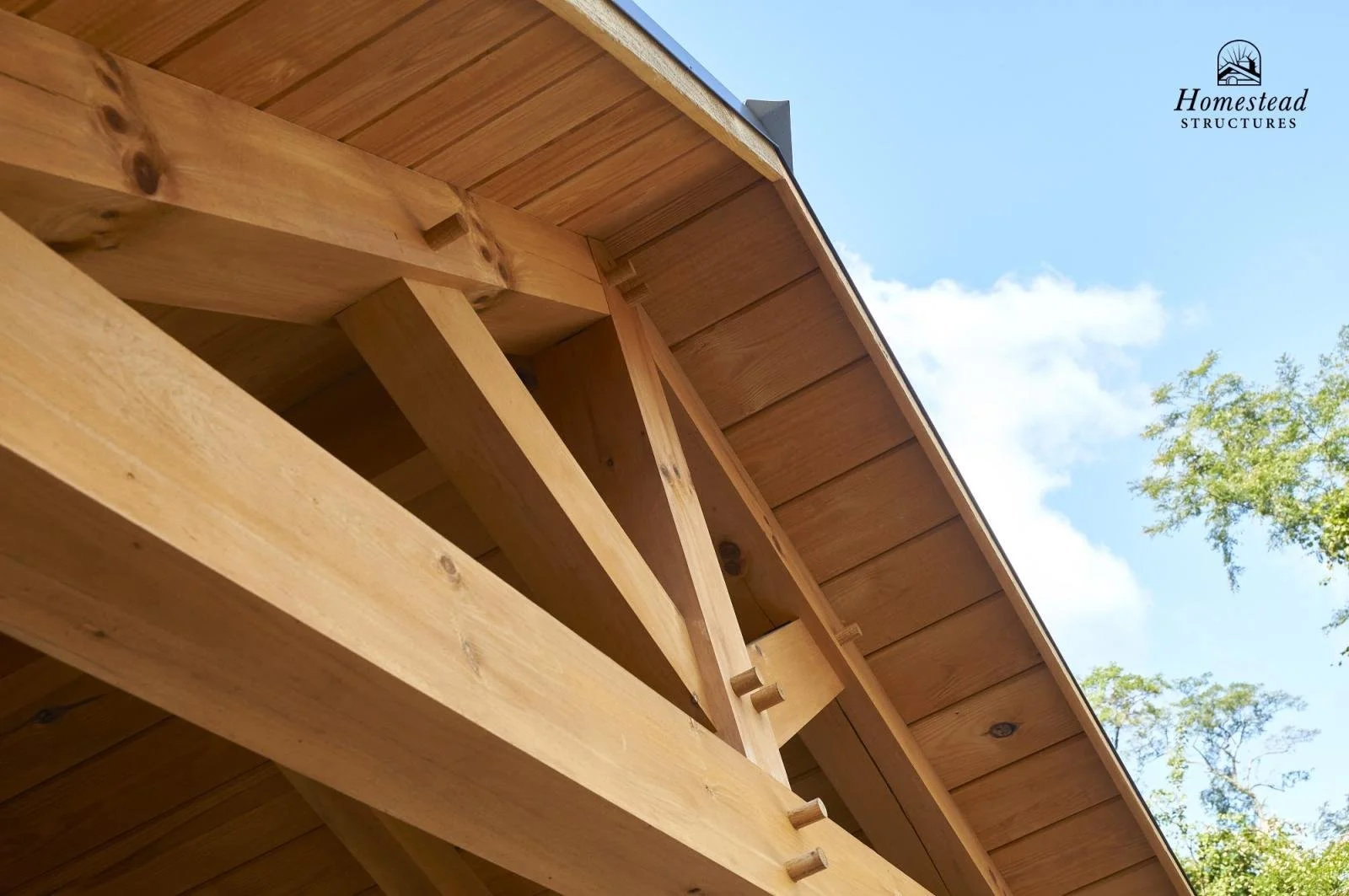Close-up view of a wooden house structure under construction, showing the underside of the roof with wooden beams and support brackets, with trees and a blue sky in the background.