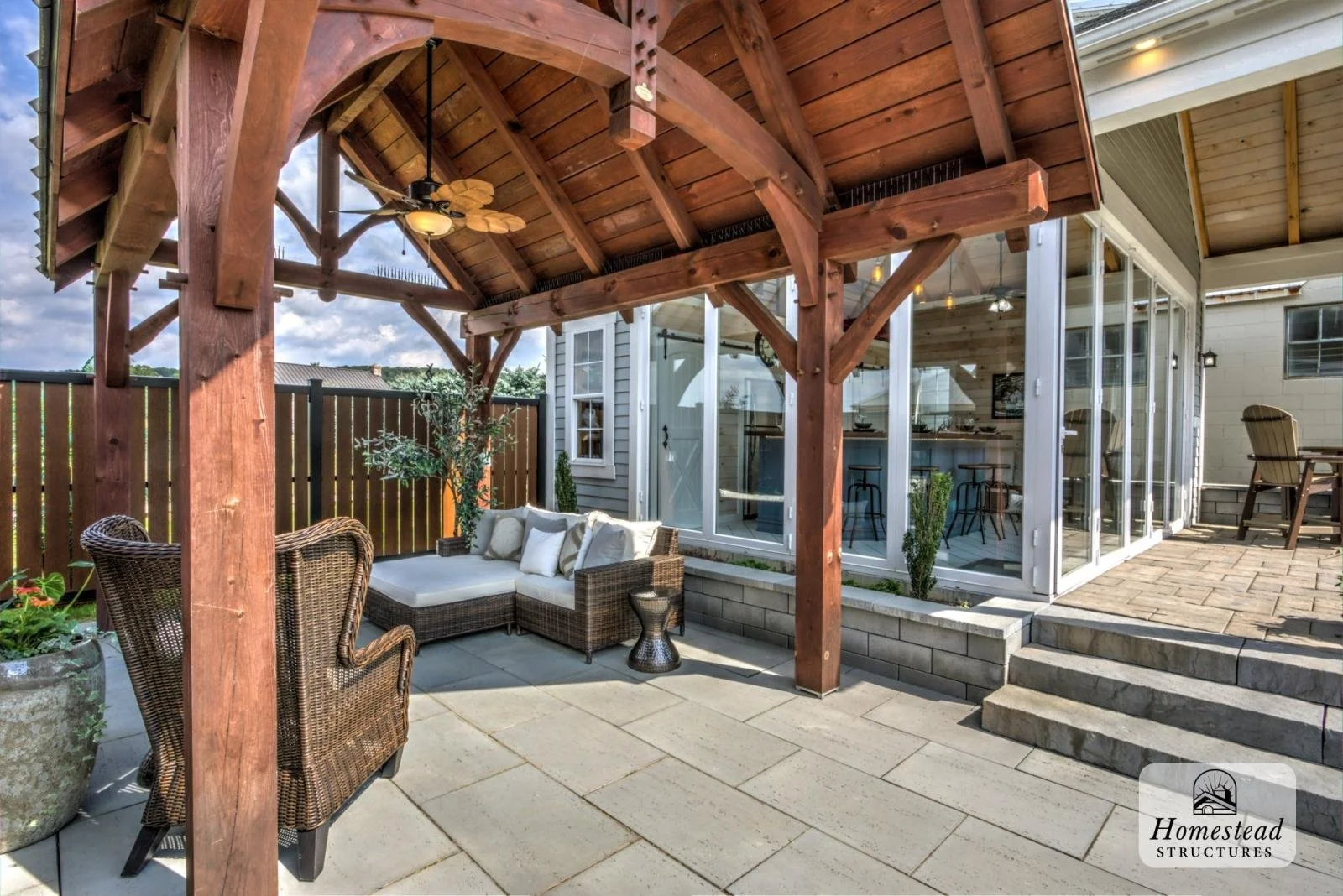 A backyard patio with a screened-off porch attached to a house, featuring outdoor furniture, a wicker armchair, a sectional sofa with cushions, potted plants, and a wooden pergola with a ceiling fan. The patio has stone flooring and steps leading to 