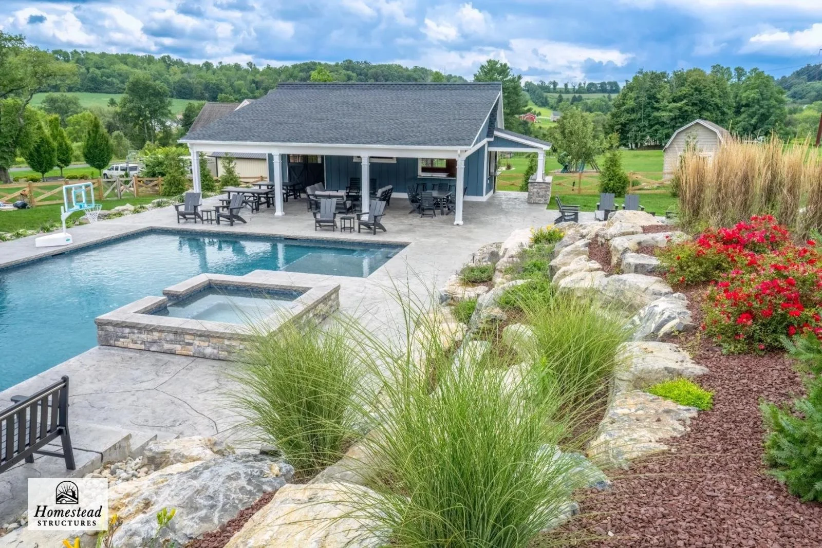 A backyard with a swimming pool, hot tub, and a covered patio area with outdoor furniture, surrounded by greenery and landscaped rocks and flowers.