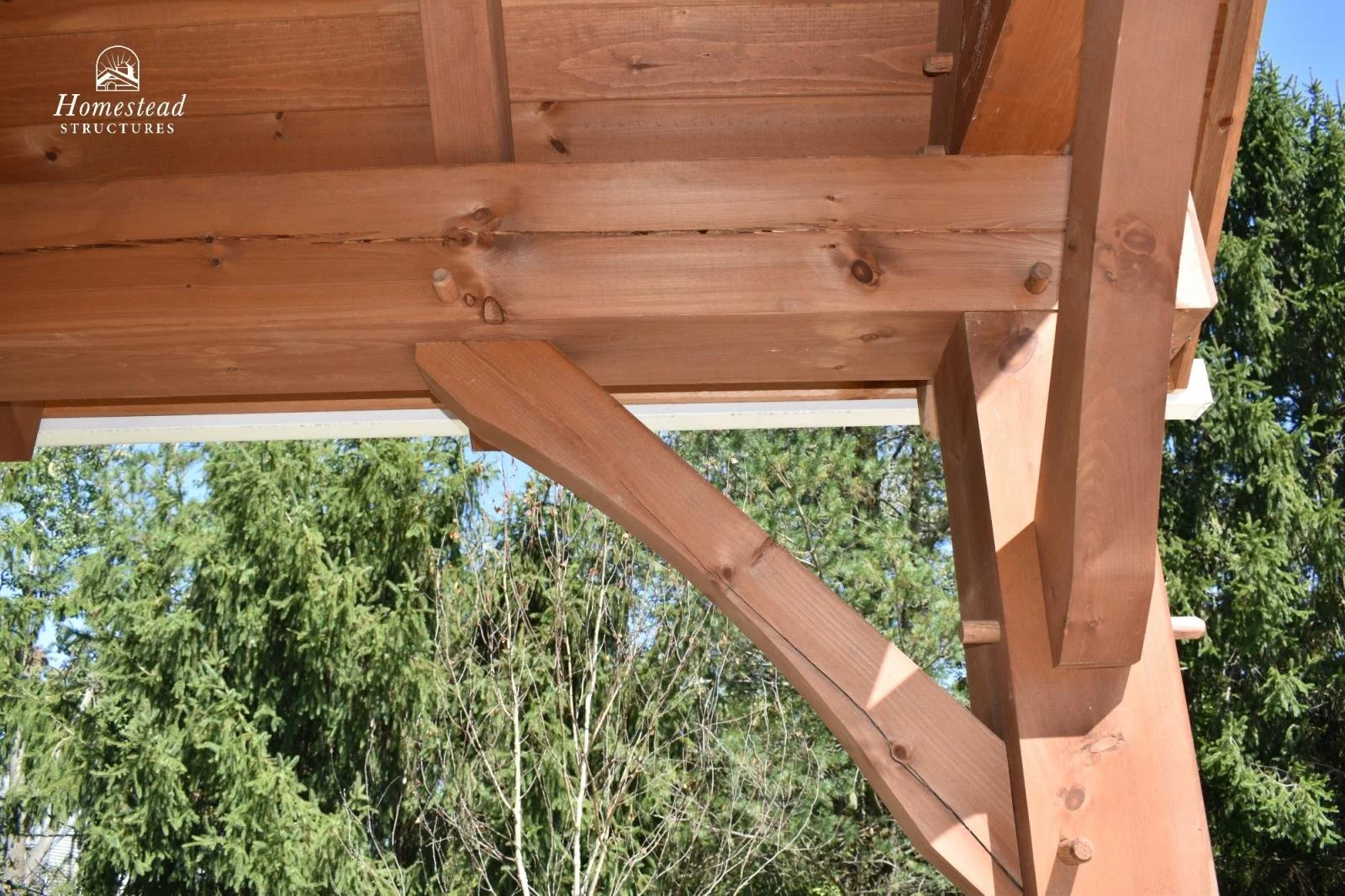 Close-up view of a wooden structure with support beams and trim, with green trees and clear sky in the background.
