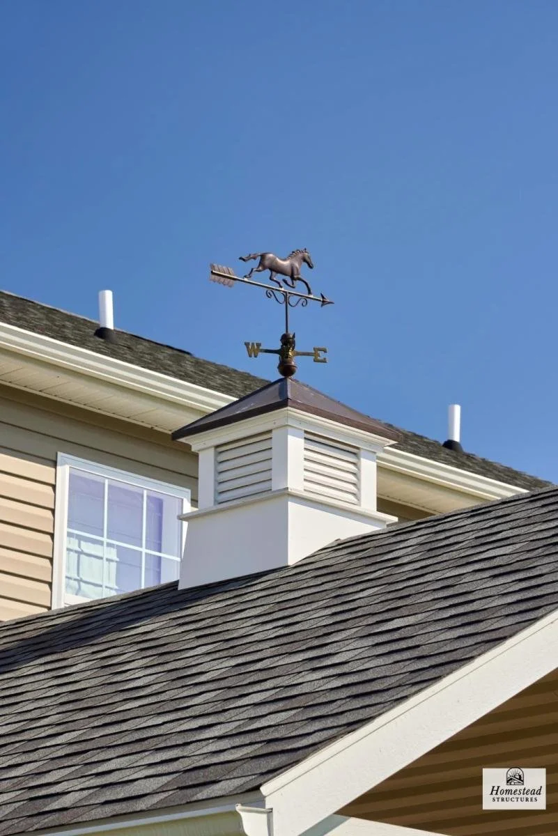A house roof with a chimney featuring a weather vane with a horse figure on top, and a blue sky in the background.