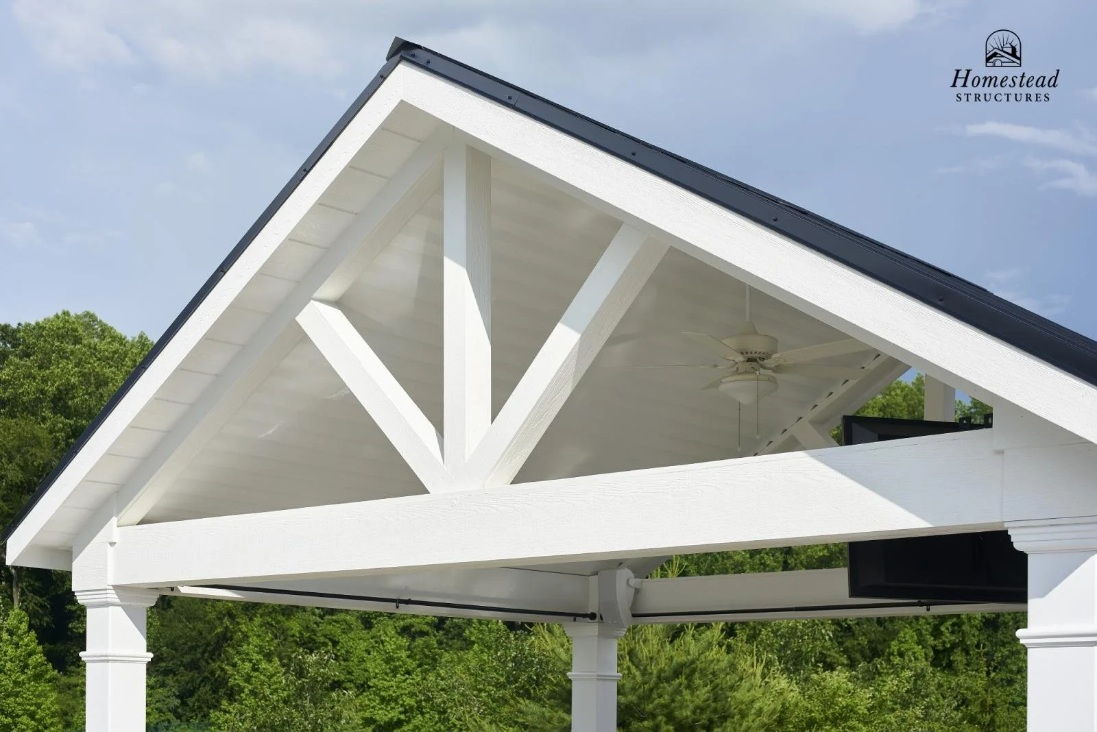 Close-up of a white wooden outdoor pavilion with a black roof, ceiling fan, and supporting columns, surrounded by green trees.
