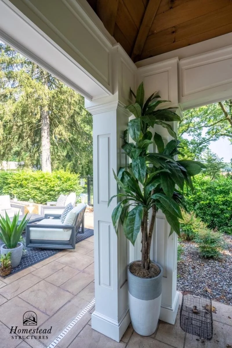 A view from inside looking out onto a patio area with outdoor furniture, including chairs and a table, surrounded by lush green trees and bushes. A tall houseplant in a large white pot is next to the doorway, which has white trim and is partially ope