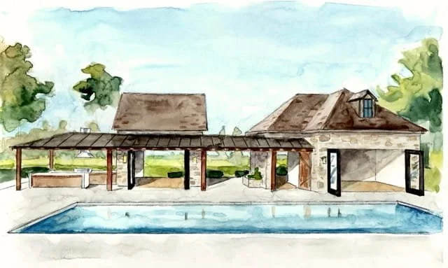 Watercolor of a custom outdoor kitchen and poolhouse
