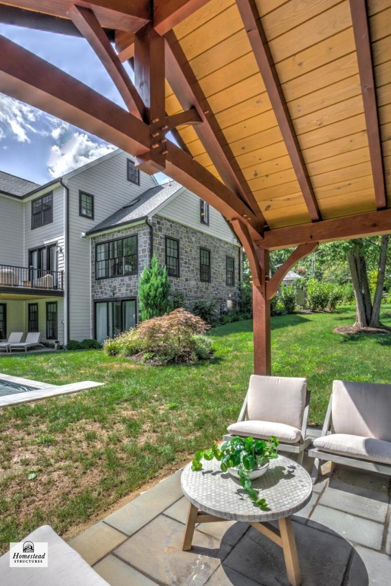 A backyard patio with outdoor seating and a wooden pergola, overlooking a well-maintained lawn and a house with stone and siding exterior.