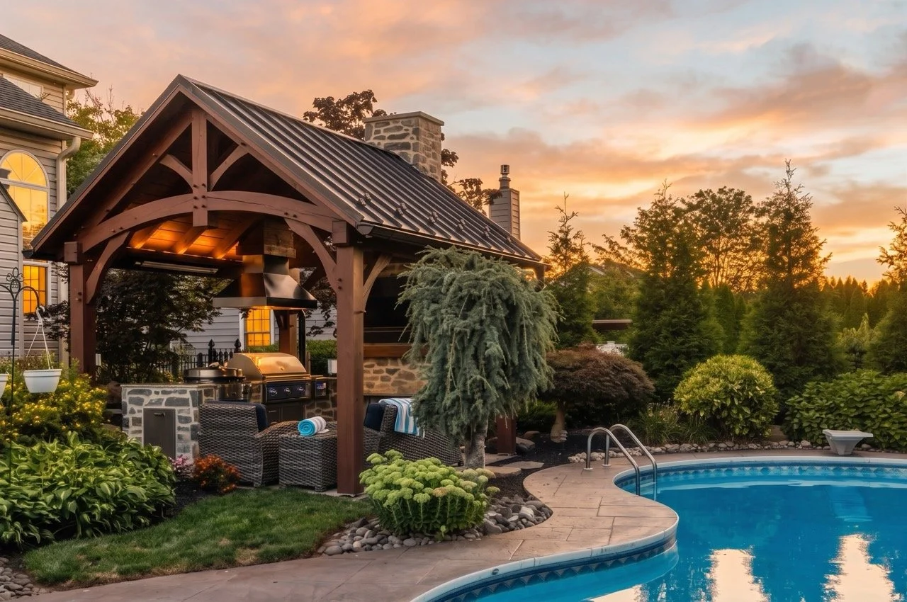 pool side timber frame pavilion with outdoor kitchen