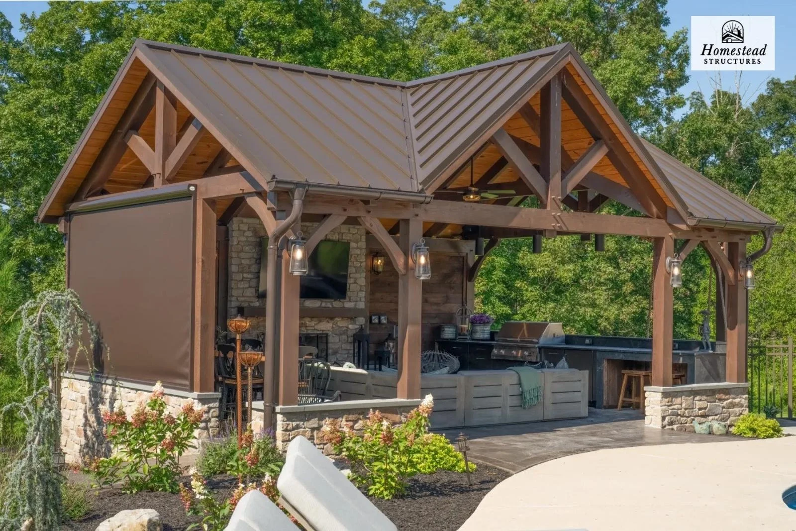 20x25 Timber Frame Pavilion w/outdoor kitchen & fireplace