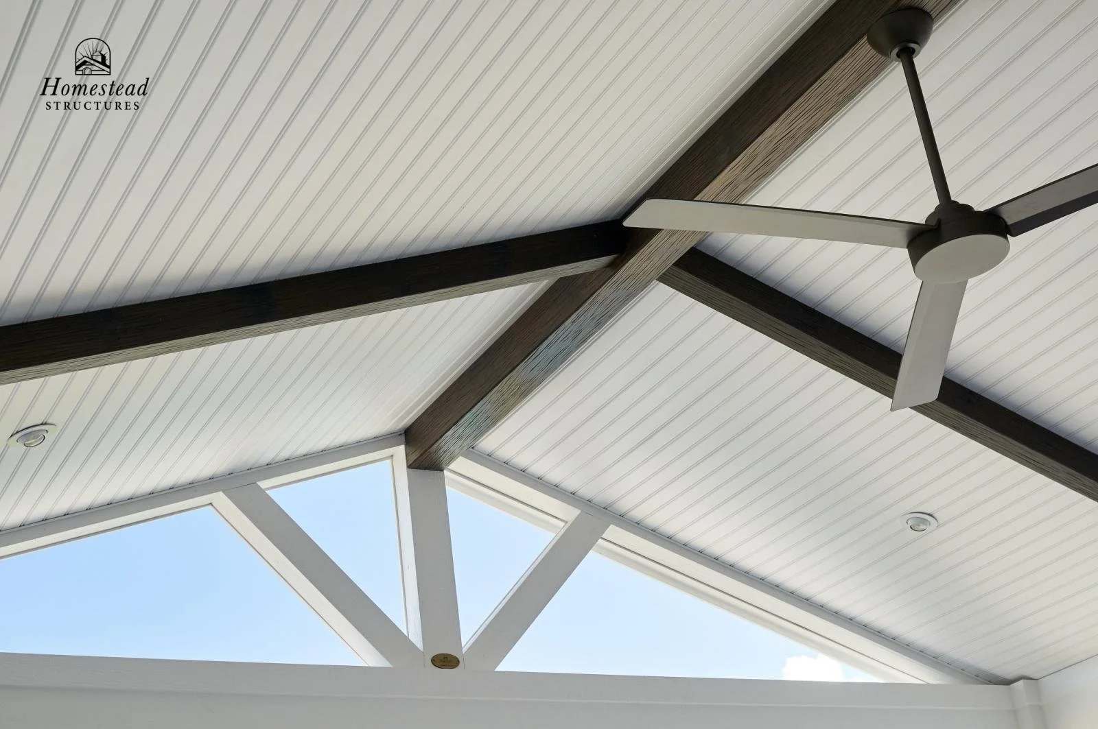 Ceiling with exposed beams, a ceiling fan, and skylights letting in natural light.