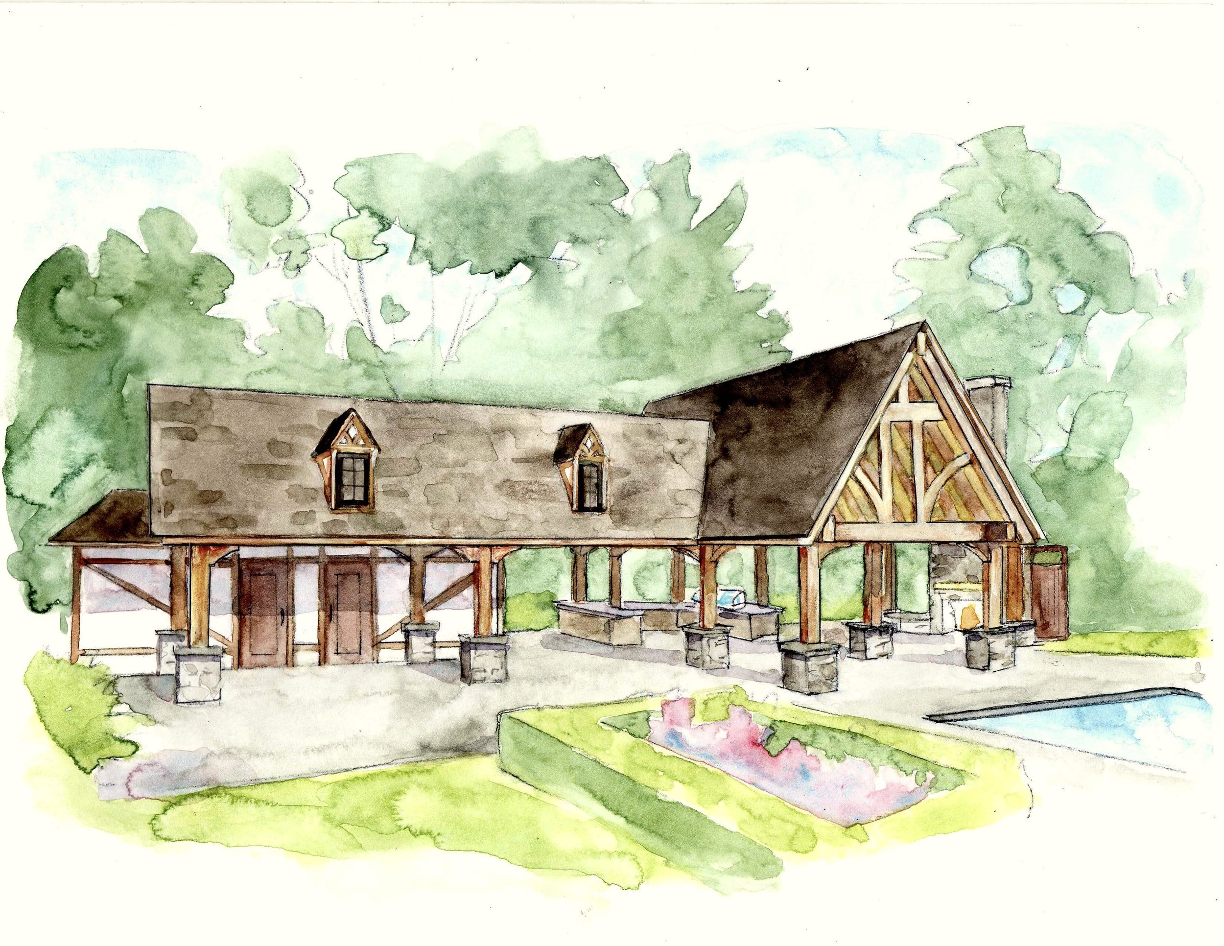 Watercolor illustration of a house with a rustic design, featuring a large gabled roof, wooden beams, and stone foundation. There is a patio area with a counter, a small garden with pink flowers, and a blue rectangular pool surrounded by a green lawn. Tall trees are in the background.