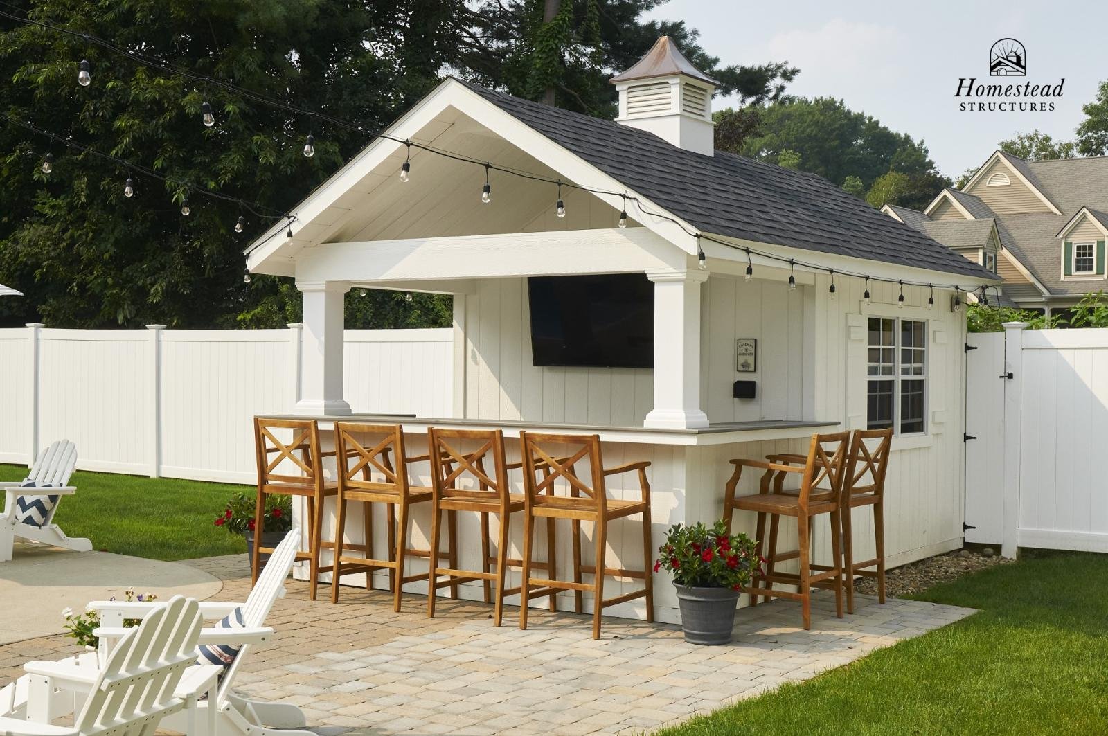 An outdoor backyard bar with a white structure, bar stools, a wall-mounted TV, string lights, and garden chairs surrounded by a white fence and green lawn.
