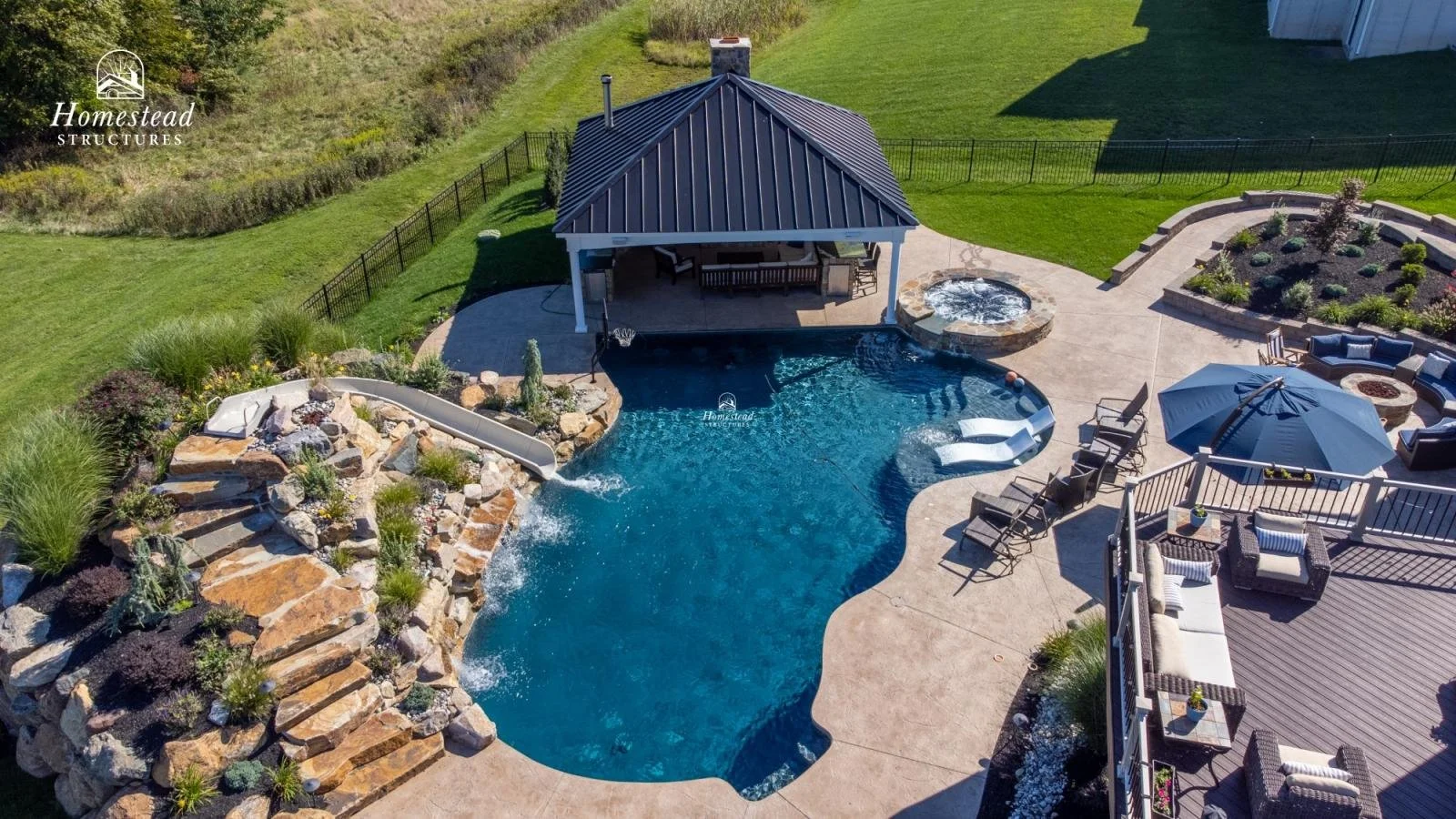 Aerial view of a backyard with a swimming pool, hot tub, shaded sitting area, outdoor furniture, umbrella, and landscaped garden with plants and trees.