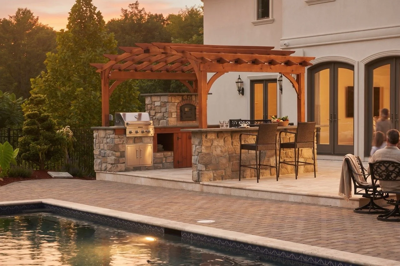 Outdoor kitchen and bar area with a stone counter, grill, and seating, adjacent to a swimming pool at sunset.