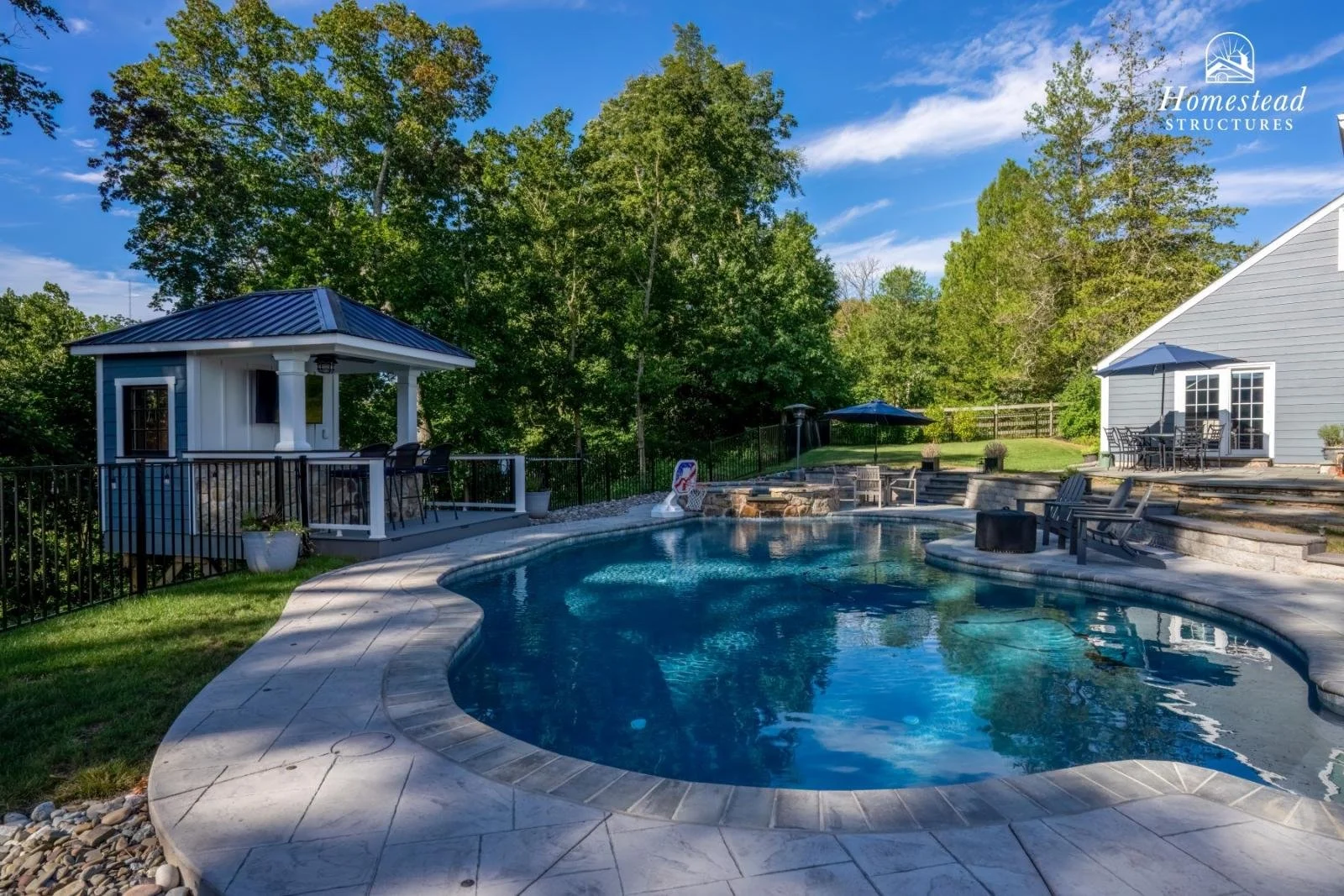 Residential backyard with a swimming pool, hot tub, poolside seating, small pool house, and lush green trees under a blue sky with some clouds.