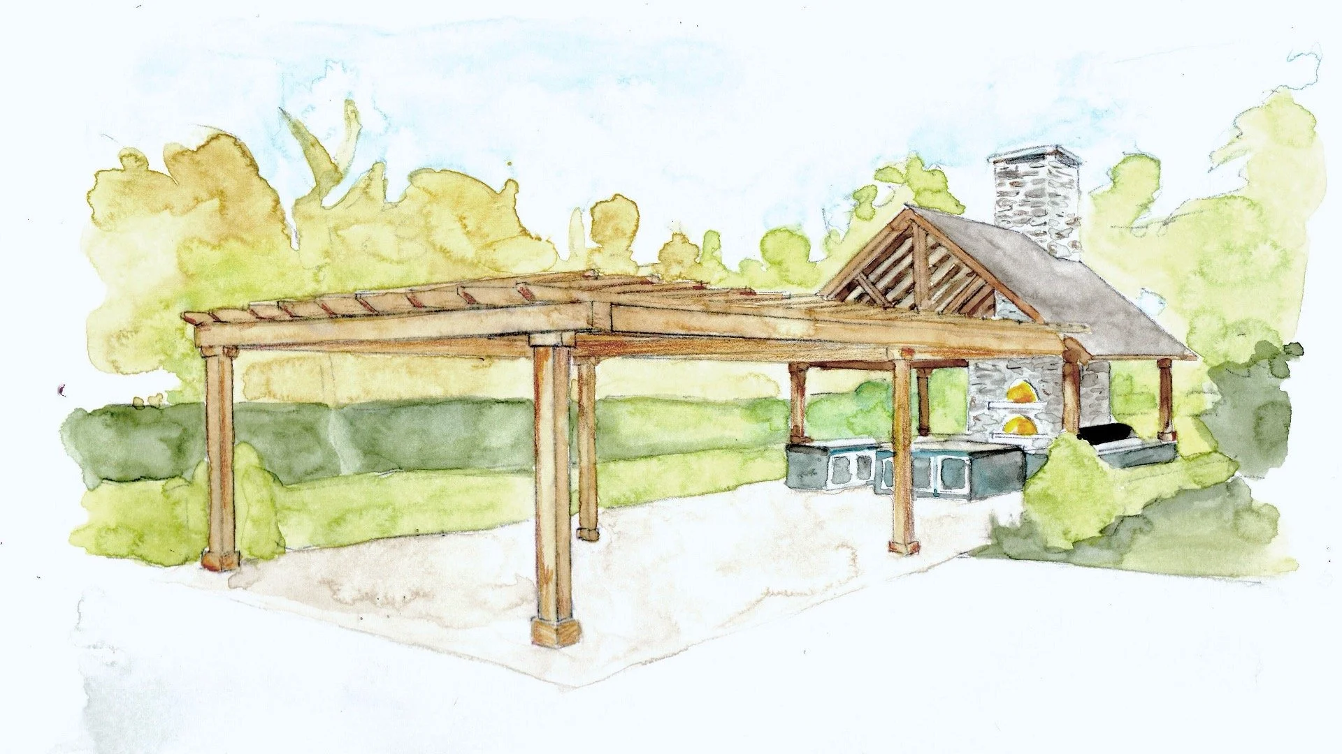 Watercolor illustration of an outdoor kitchen with a stone fireplace, wooden pergola, and garden surroundings.