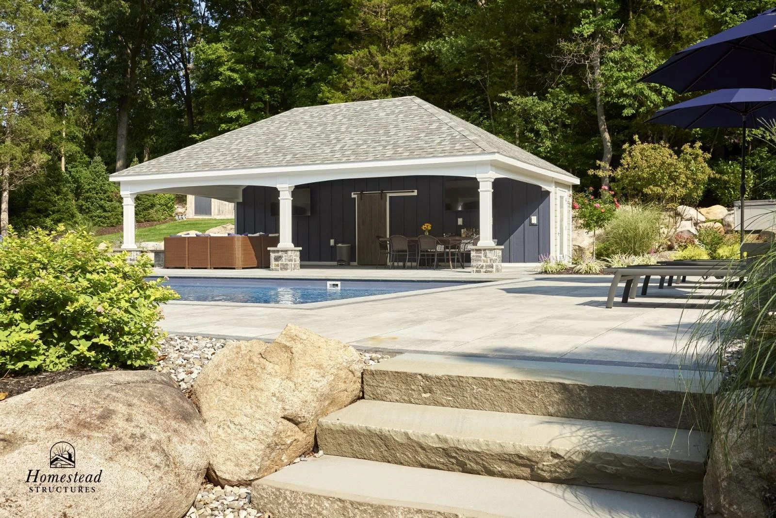 A backyard with a swimming pool, a shaded outdoor seating area with a table and chairs, two large blue umbrellas, surrounded by lush greenery and rocks. Logo in bottom left corner reading 'Homestead Structures.'