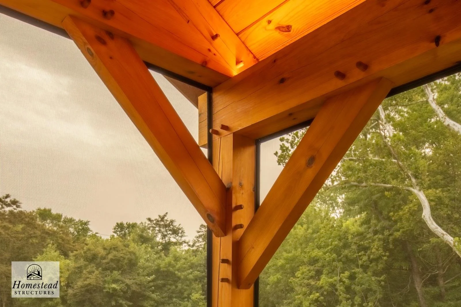 Close-up view of a wooden window frame with a diagonal support beam, set against a backdrop of green trees.