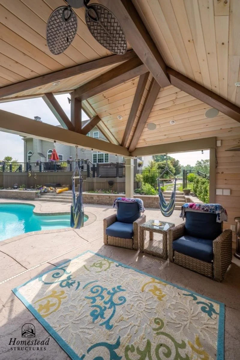 Covered patio area with wicker armchairs, a small table, a colorful rug, and hanging hammocks near a swimming pool in a backyard.