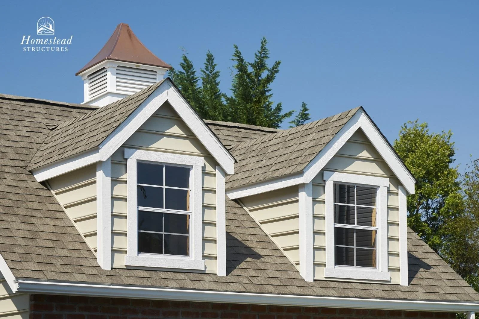 Close-up of two dormer windows with white trim on a house with tan siding and gray shingle roof, blue sky in the background, and trees.