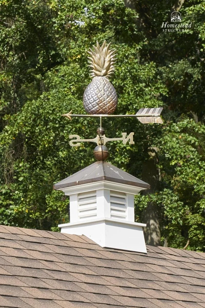 A weather vane with a pineapple on top, positioned above a white vent on a roof. The weather vane has directional letters and an arrow. The background shows green foliage.