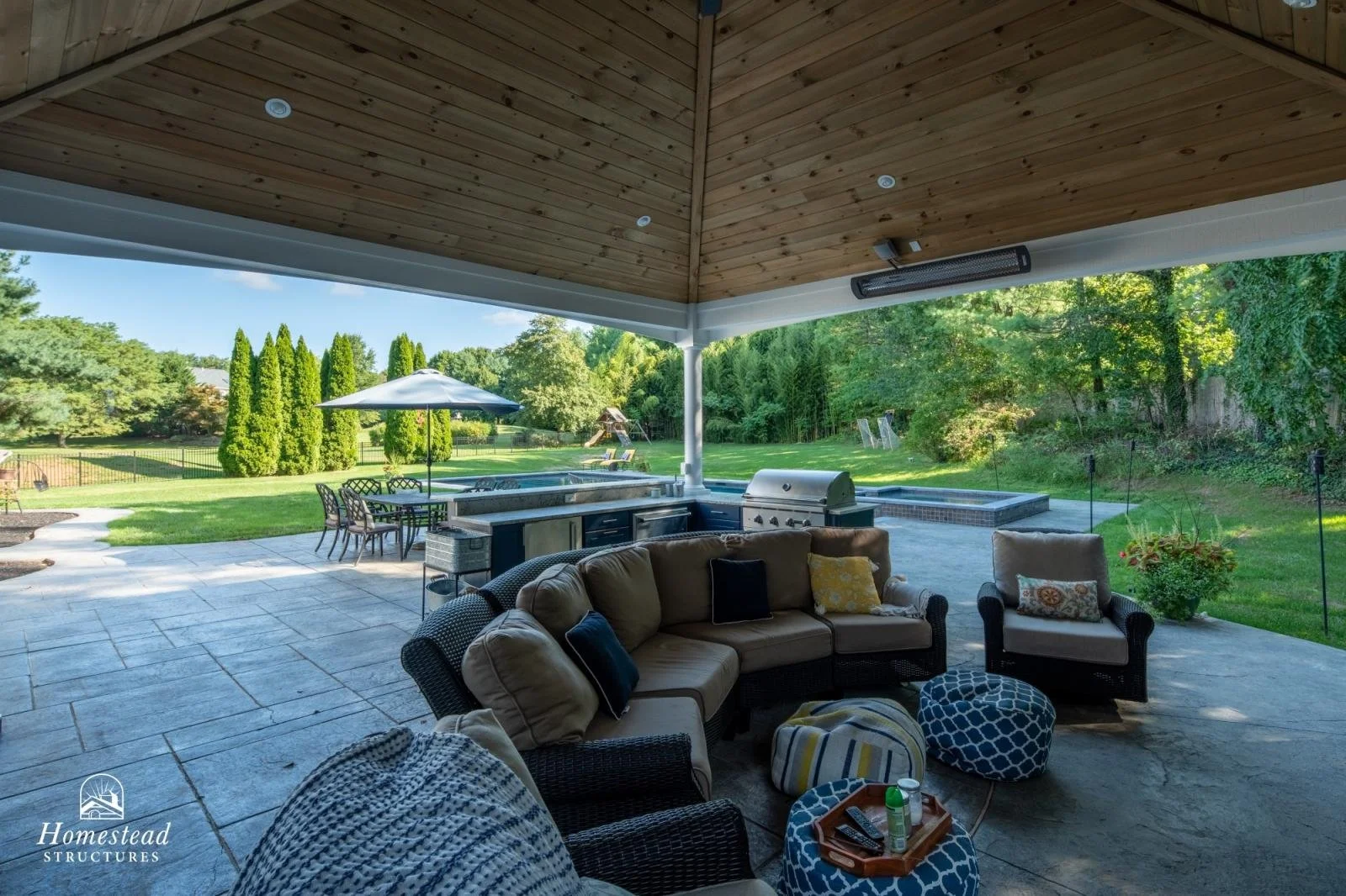 Covered patio area overlooking a lush green backyard with trees, a table with an umbrella, lawn chairs, a hot tub, and a fire pit, with outdoor seating and decorative pillows.