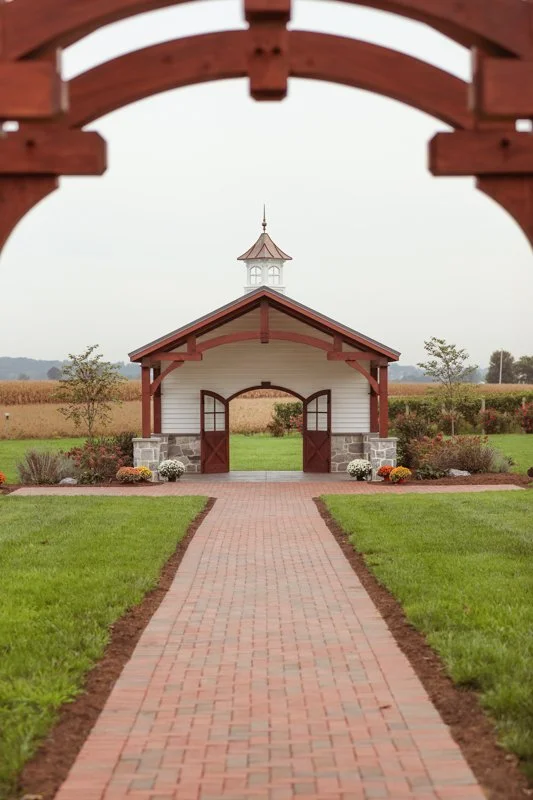 A brick pathway leading to a small white gatehouse with red accents and a cupola on top, surrounded by manicured green lawns and garden beds, with a rural landscape in the background.