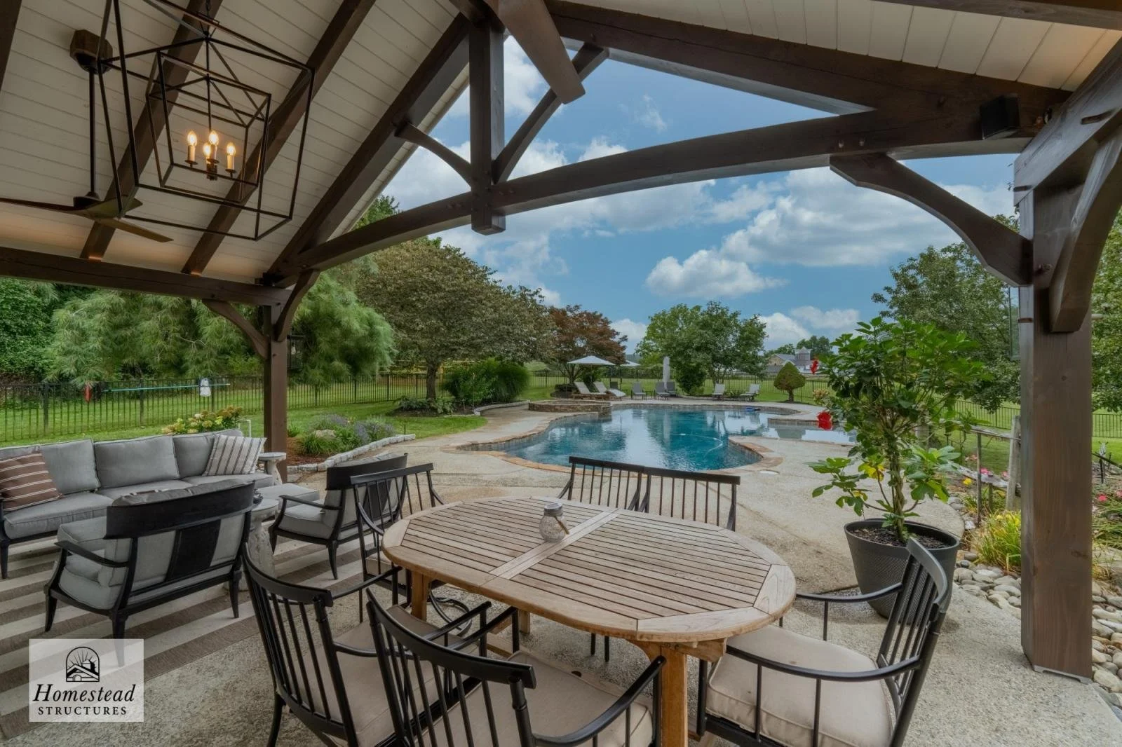 A covered outdoor patio with a seating area, including a cushioned sofa and chairs, overlooking a backyard with a swimming pool, green lawn, trees, and a cloudy sky.