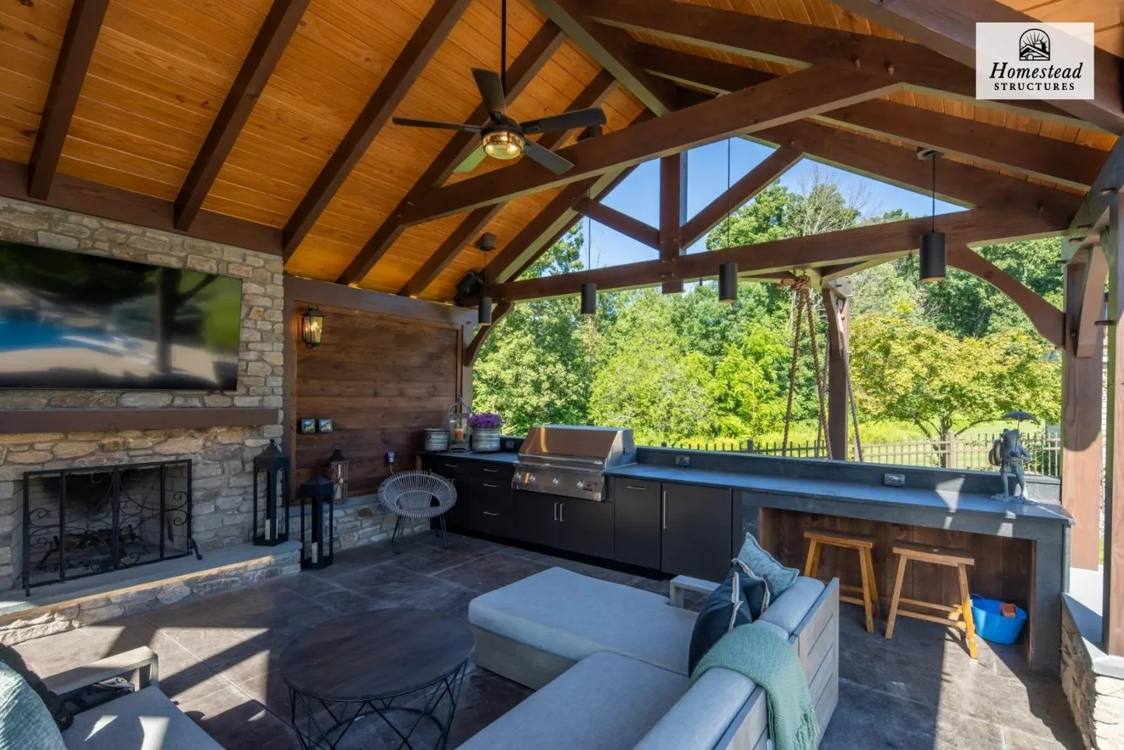 Outdoor covered patio with a stone and wood fireplace, a flat-screen TV, a ceiling fan, and a built-in grill area with bar stools, a sofa with throw pillows, and lush green trees in the background.