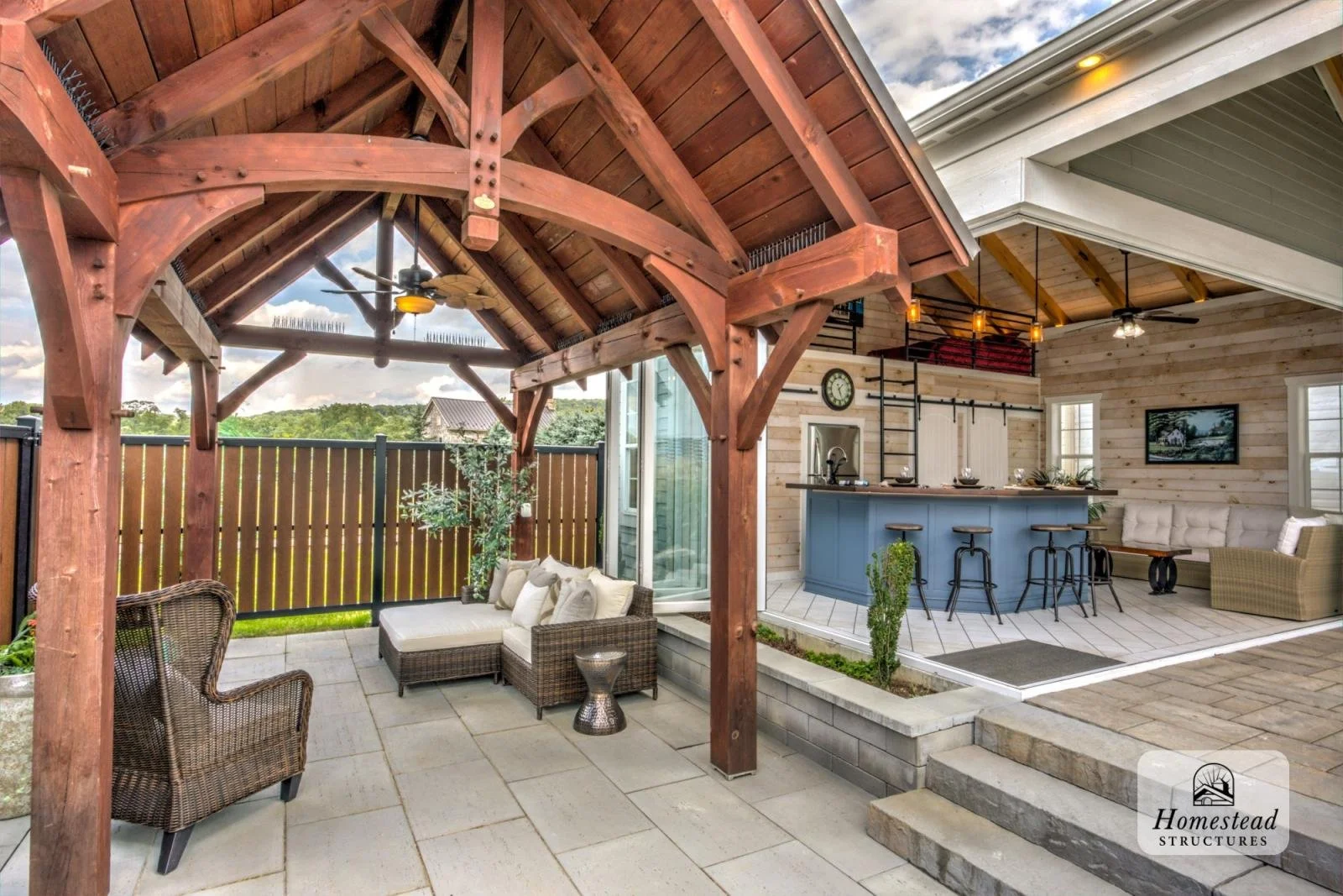 Outdoor patio with a wooden pergola, wicker furniture with cushions, and a bar area with stools inside a home with wood-paneled walls.