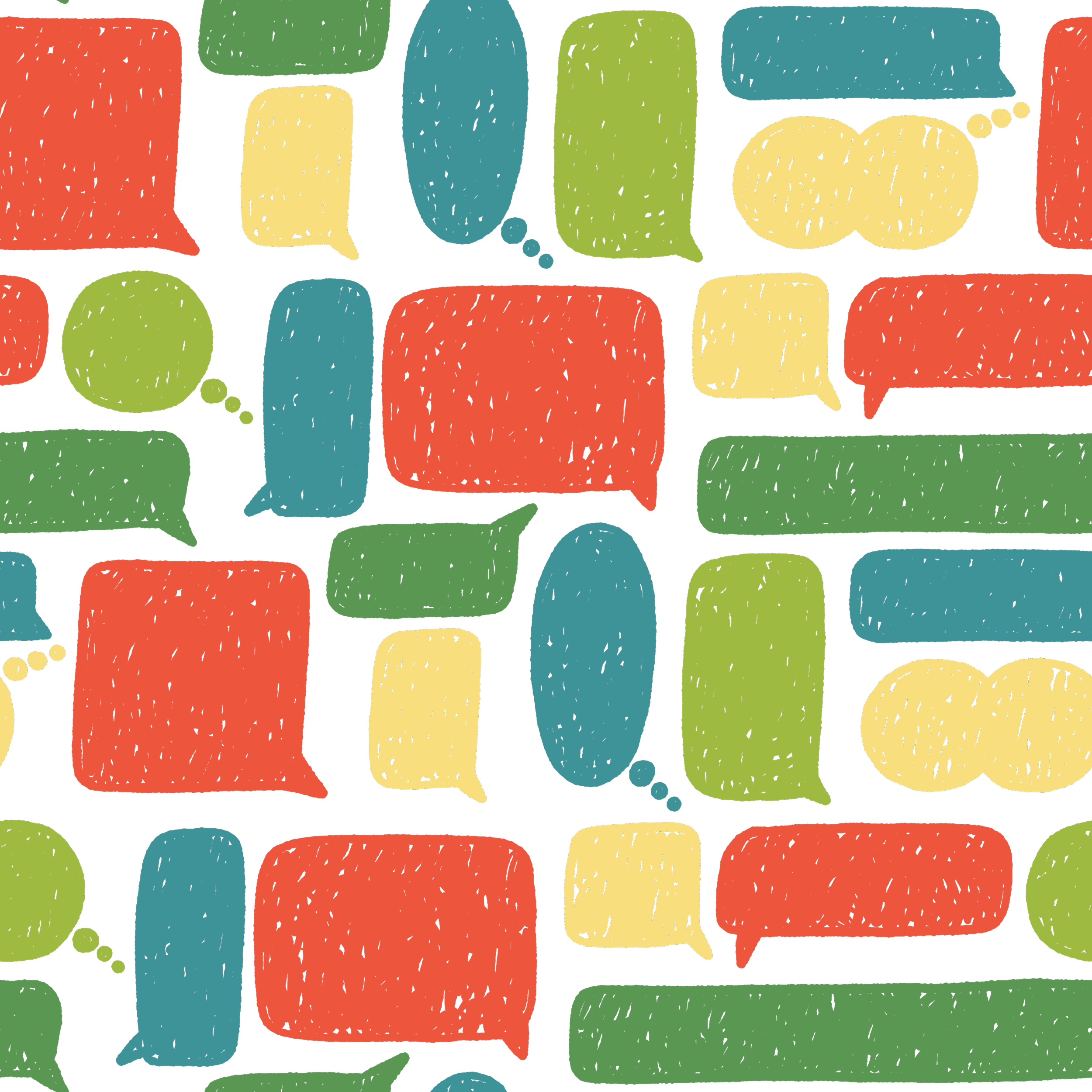 A pattern of colorful speech bubbles on a black background, including red, yellow, green, blue, and teal bubbles of various shapes and sizes.