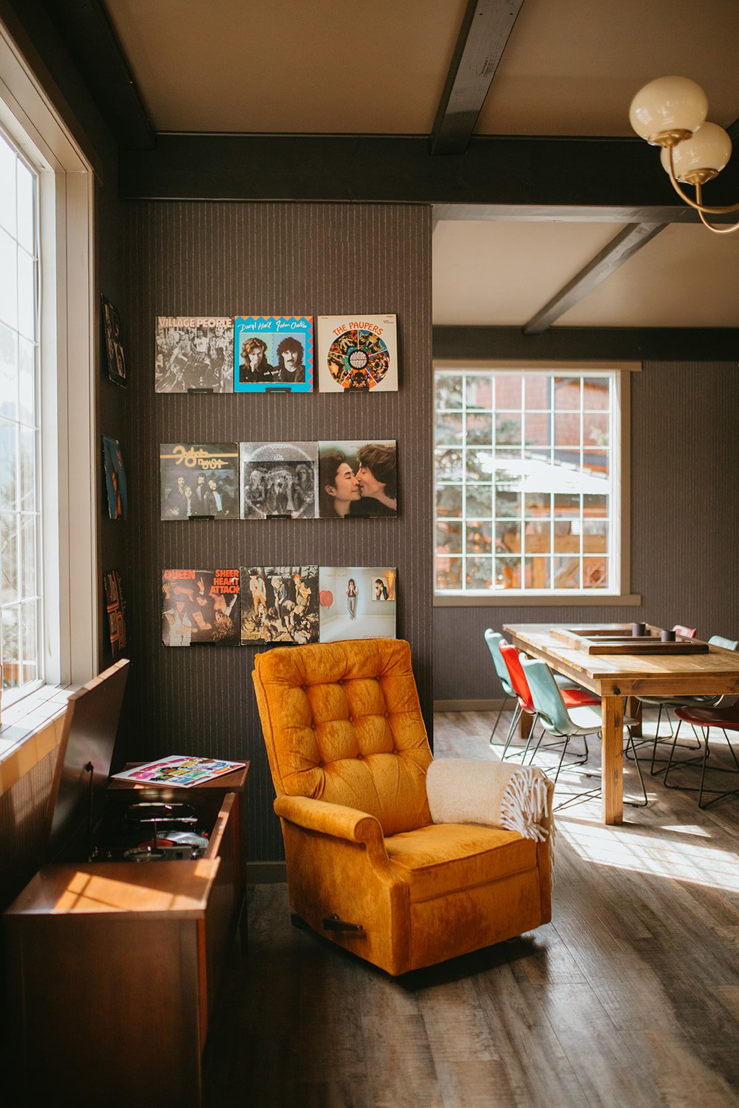 Our communal space features an extensive record collection and cozy furnature.