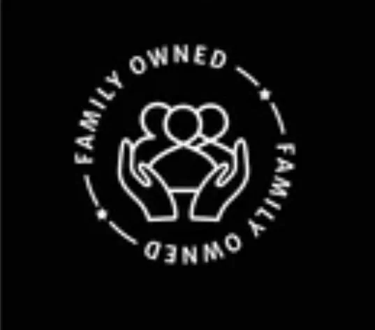 A logo with the text 'Family Owned' encircling a graphic of two hands holding a heart, on a black background.