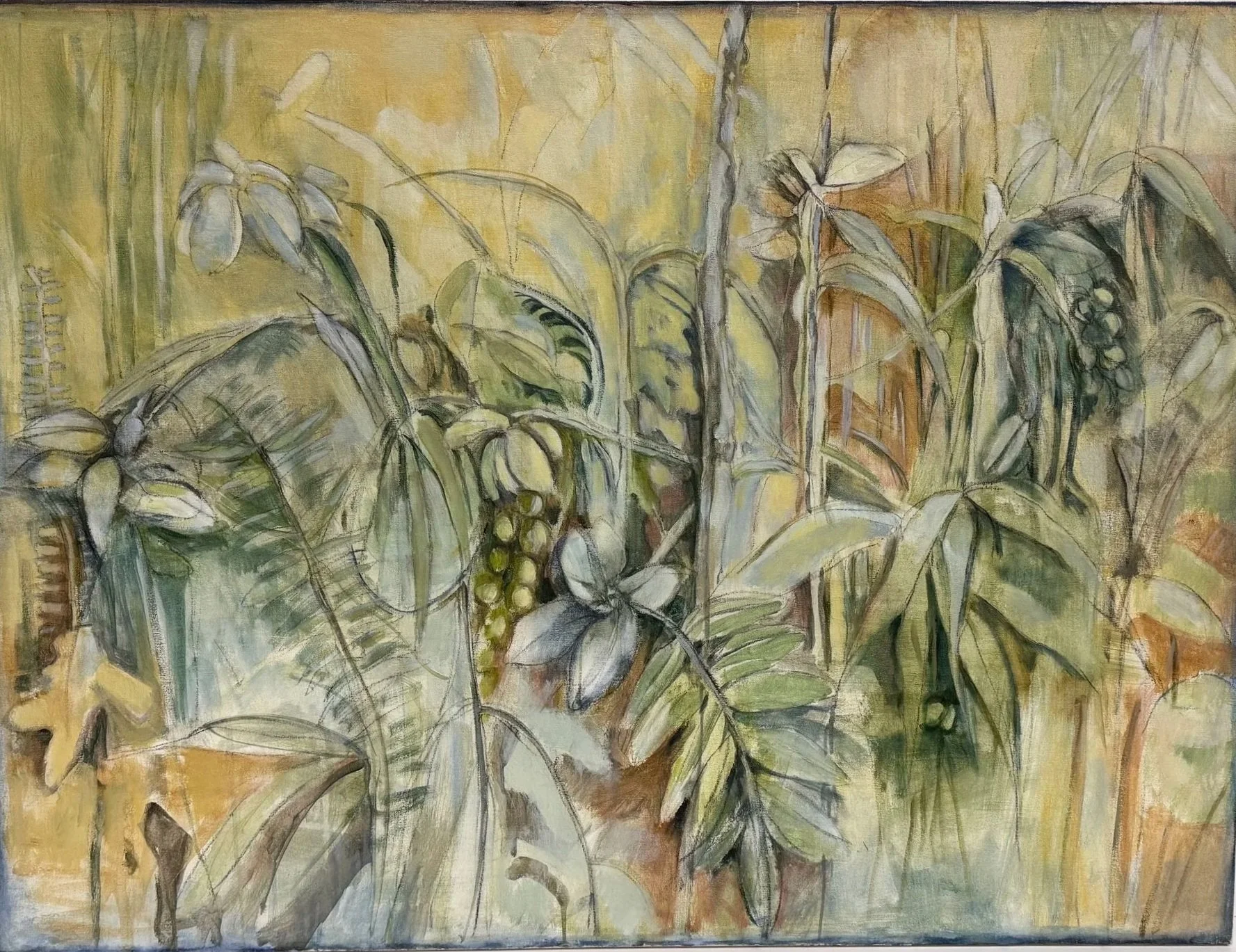 Botanical Garden Painting with Yellow Tones on Canvas by Louise Freshman Brown | Backyard Series V