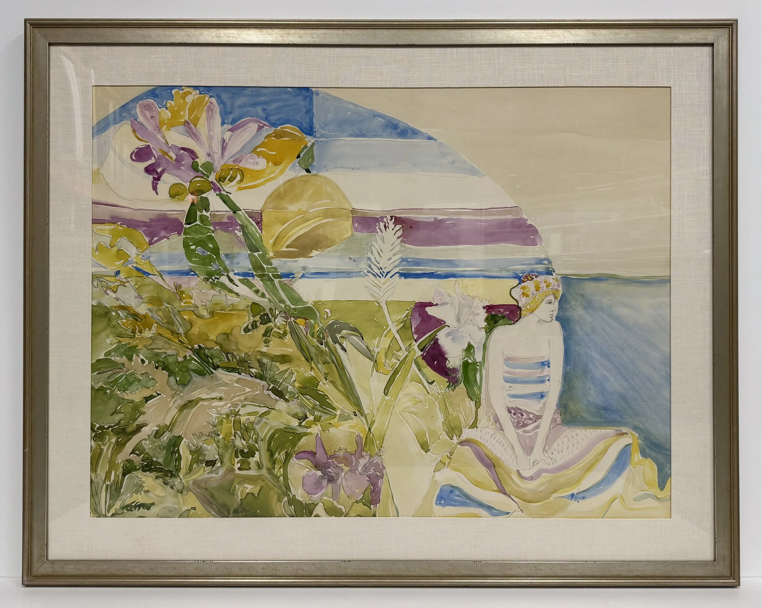 Figurative Coastal Watercolor Painting on Board by John Bunker | Custom Framed