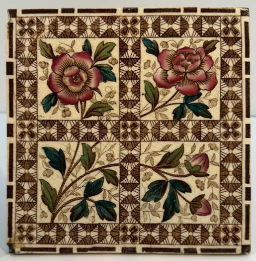 English Victorian Botanical Ceramic Tile from 1880