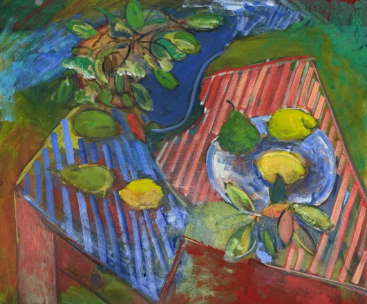 Colorful Modern Still Life with Fruit and Striped Tables Oil Painting on Canvas