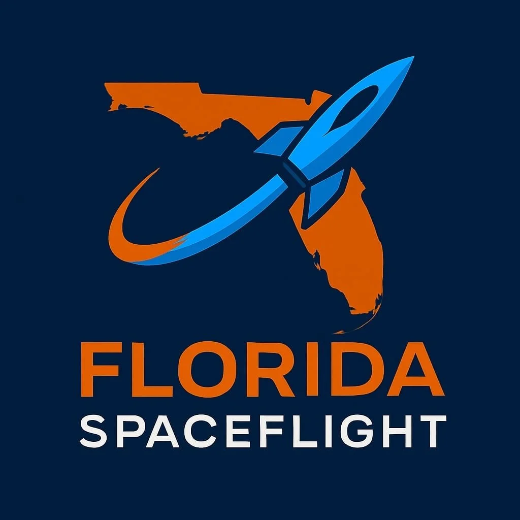 Logo of Florida Spaceflight featuring an orange outline of the state of Florida, a stylized blue rocket with a ring around it, and the words "Florida Spaceflight" in orange and white.