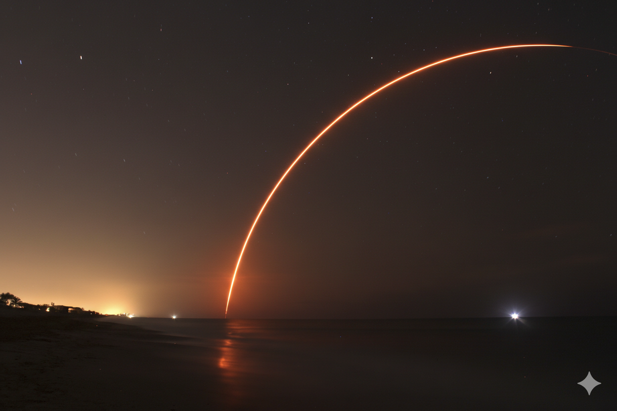 Rocket launch over the ocean at night with a glowing trail and stars in the sky.