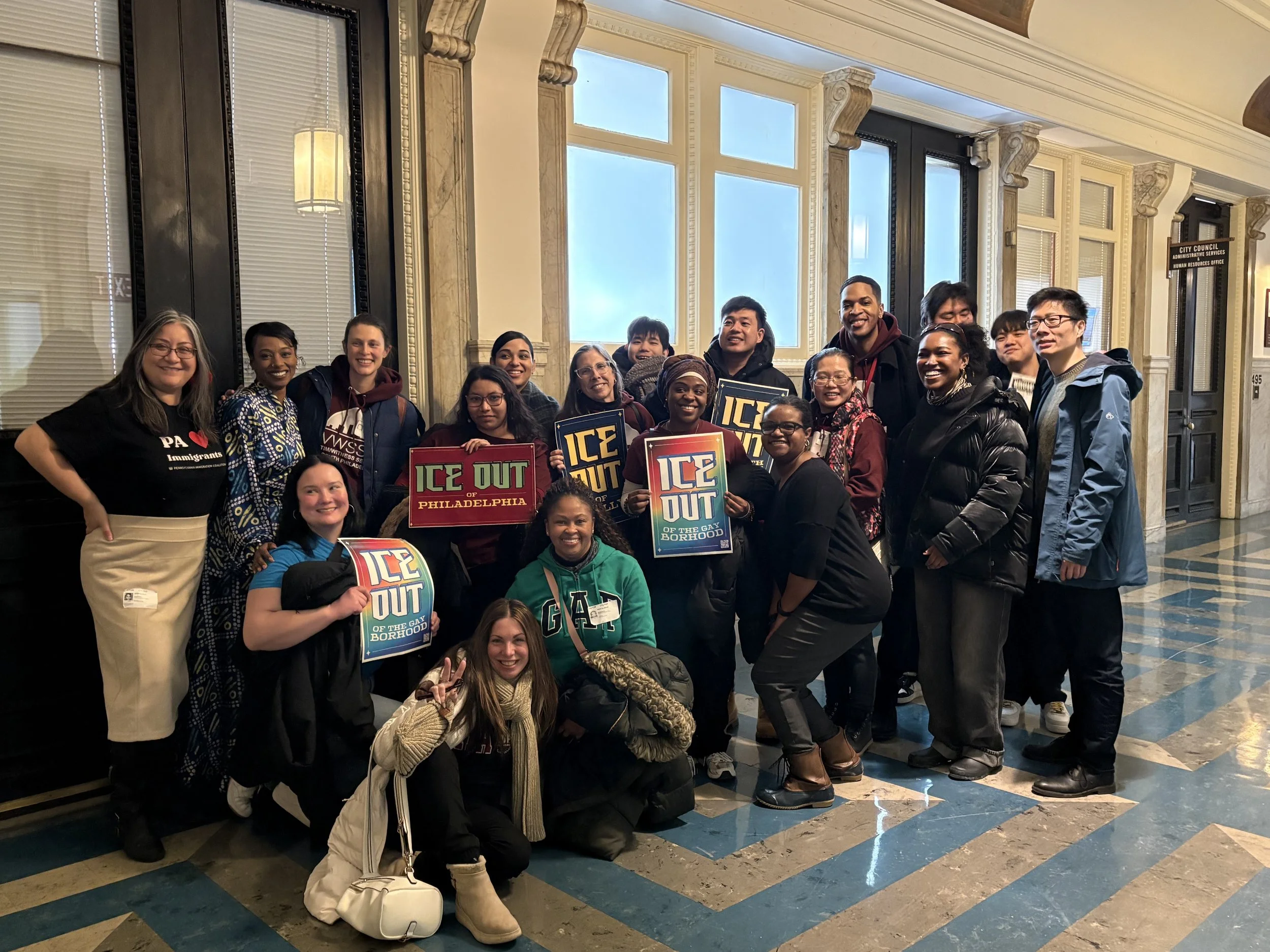 Group of Immigrant justice advocates in City Hall Philadelphia for ICE Out legislation package