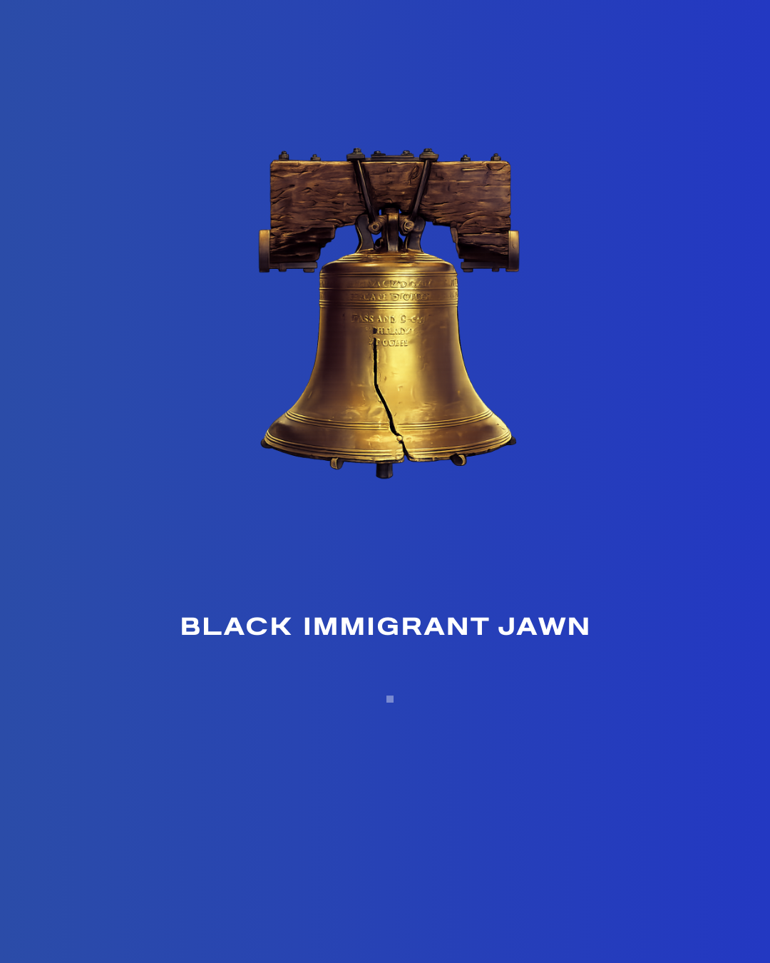 A swinging bronze bell with a wooden frame against a blue background, with the text 'Black Immigrant Jawn' below.