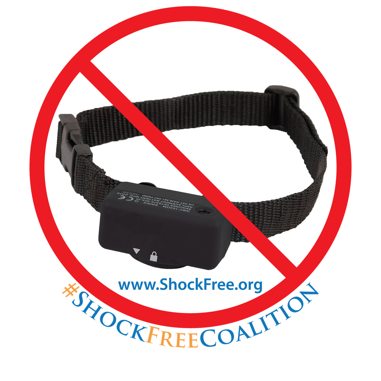 A dog shock collar with a red prohibition symbol over it and the text: "www.ShockFree.org #ShockFreeCoalition."