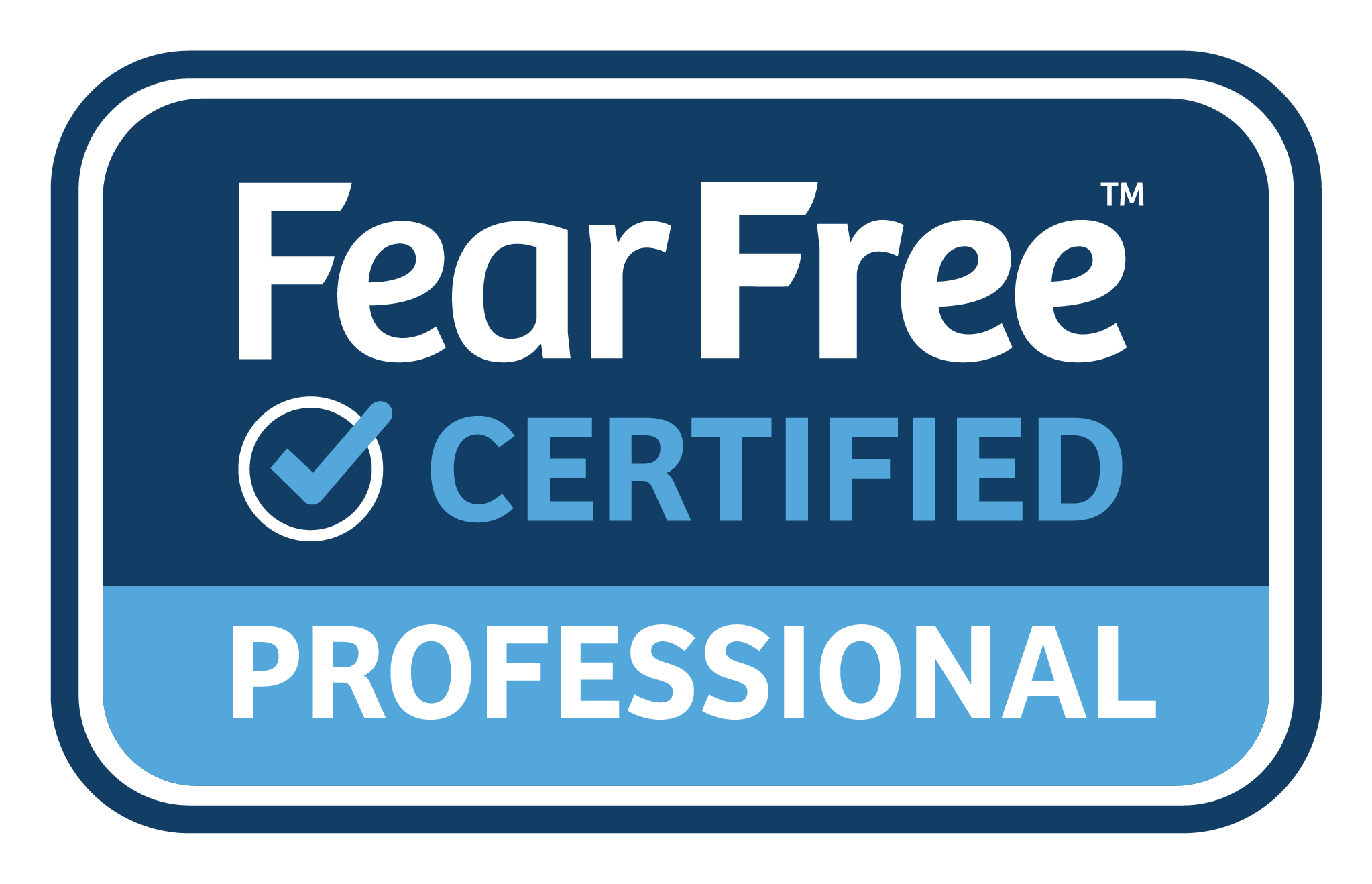 Fear Free Certified Professional logo with check mark, blue color scheme.