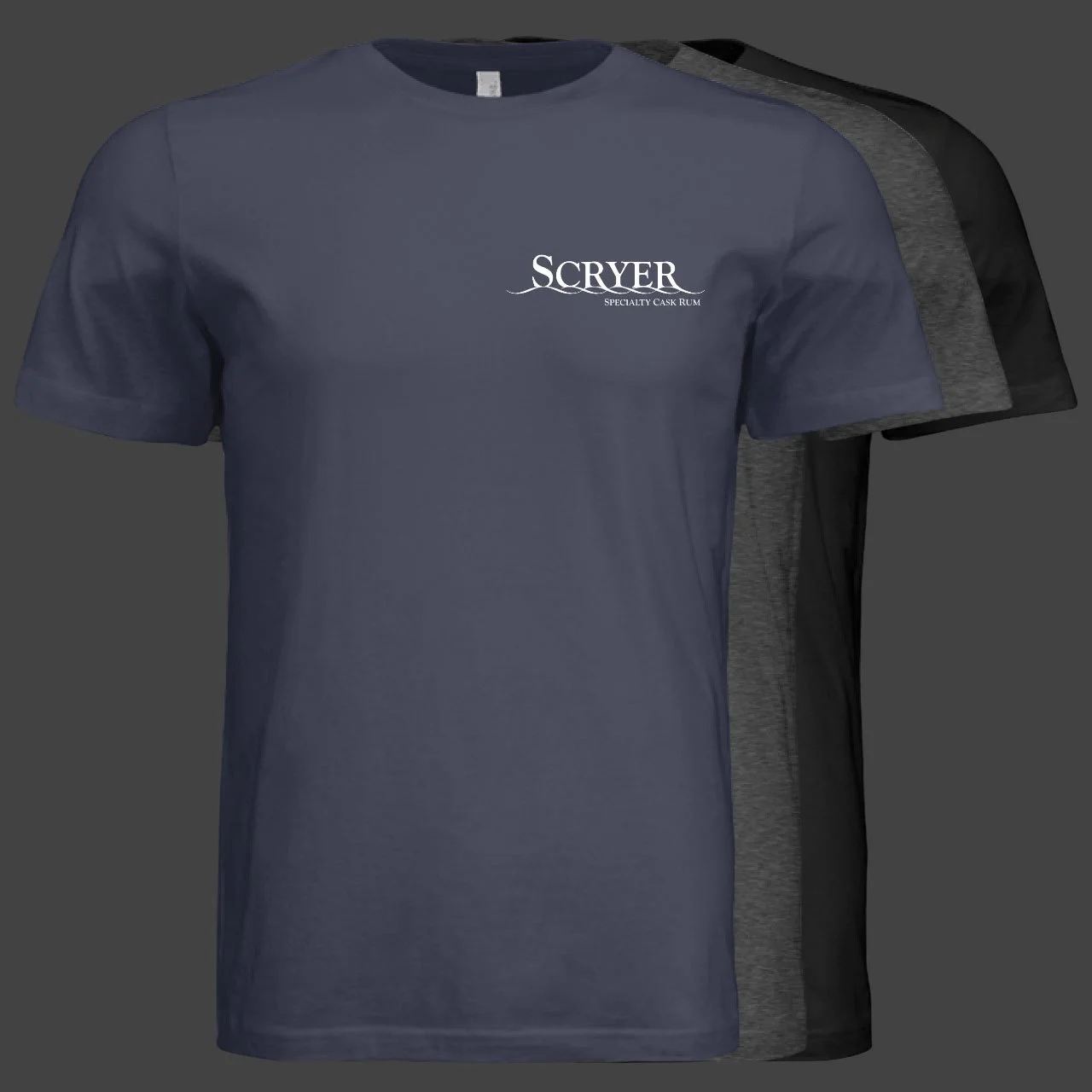 Scryer Rum T-shirts available in navy, gray, and black.